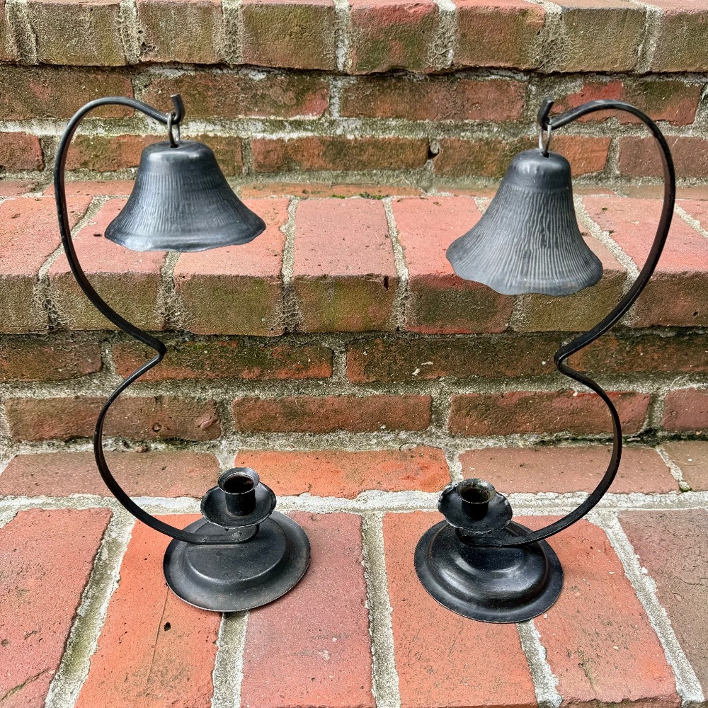 Pair Vintage Black Metal & Iron Candle Holders With Bell Style Shades